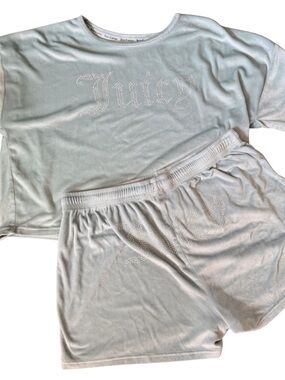 Juicy Couture Velour Pajama Set XL Blue Rhinestone Logo Sleepwear Shorts Set